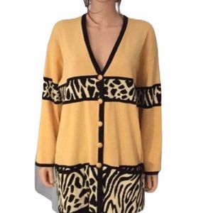 Vintage Escada Margaretha Ley Leopard & Zebra Yellow Black Knit Long Cardigan
